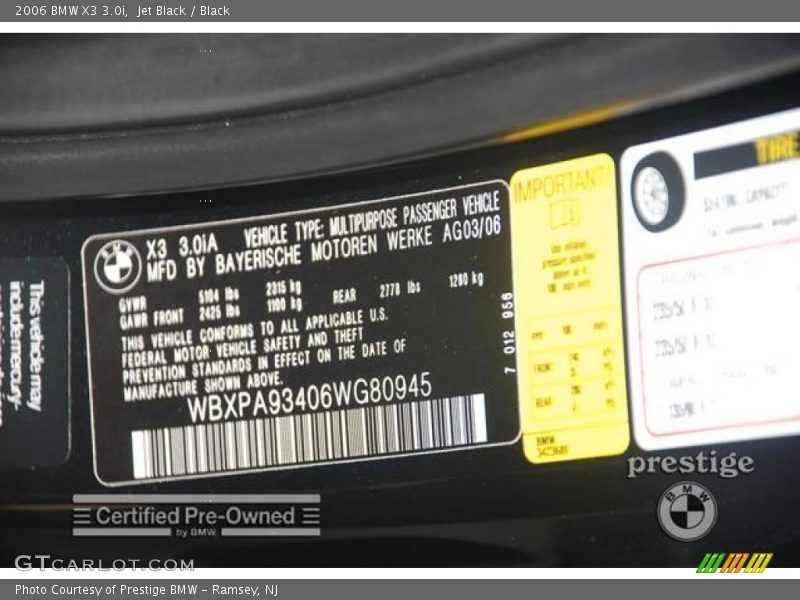 Jet Black / Black 2006 BMW X3 3.0i