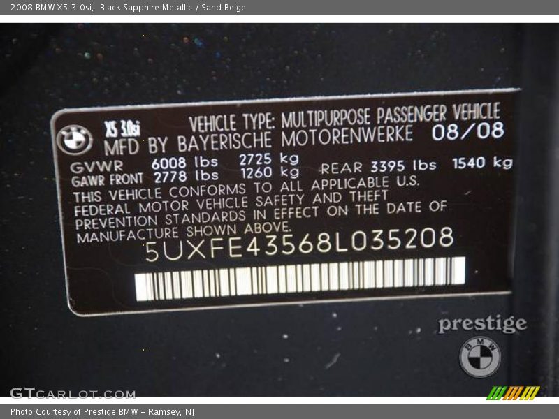 Black Sapphire Metallic / Sand Beige 2008 BMW X5 3.0si