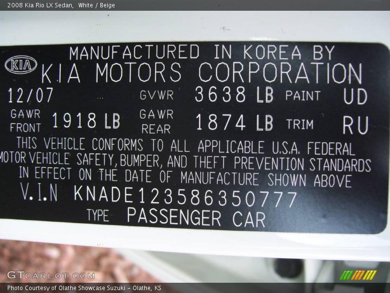 White / Beige 2008 Kia Rio LX Sedan