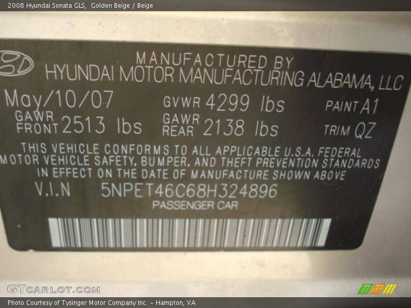 Golden Beige / Beige 2008 Hyundai Sonata GLS