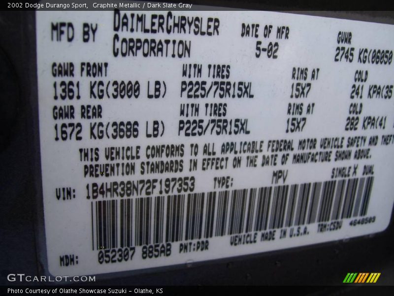 Graphite Metallic / Dark Slate Gray 2002 Dodge Durango Sport