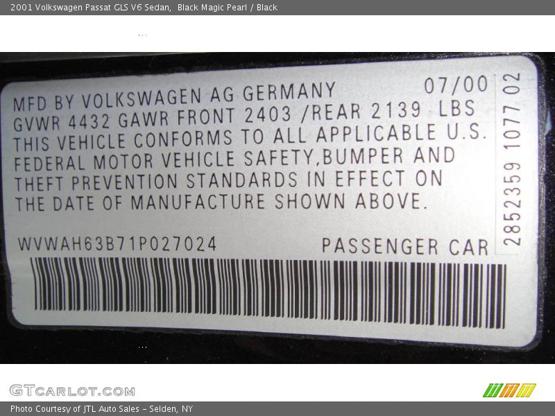 Black Magic Pearl / Black 2001 Volkswagen Passat GLS V6 Sedan