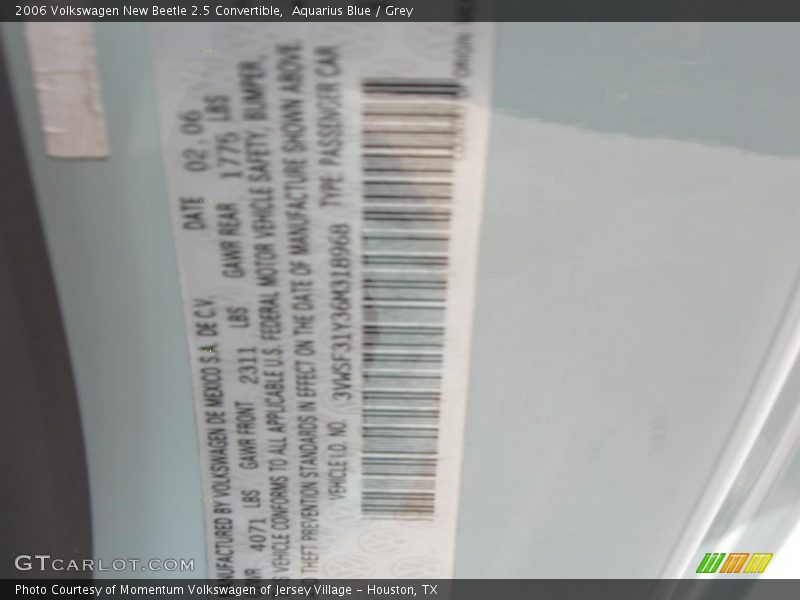 Aquarius Blue / Grey 2006 Volkswagen New Beetle 2.5 Convertible