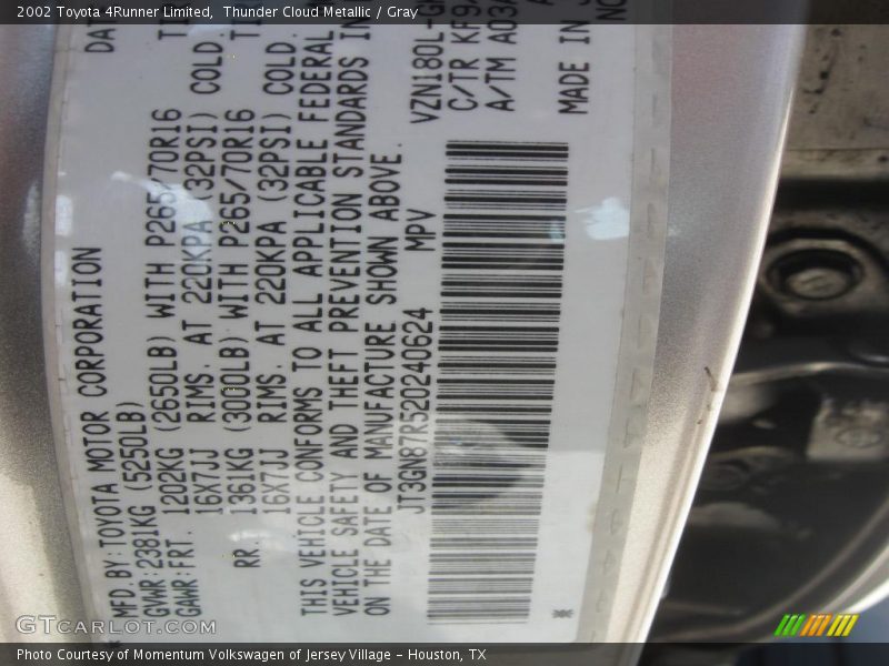 Thunder Cloud Metallic / Gray 2002 Toyota 4Runner Limited