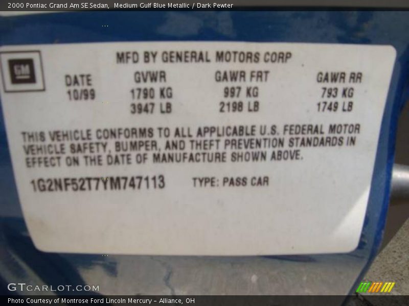Medium Gulf Blue Metallic / Dark Pewter 2000 Pontiac Grand Am SE Sedan