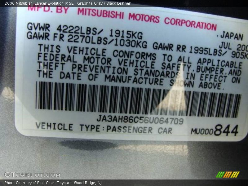 Graphite Gray / Black Leather 2006 Mitsubishi Lancer Evolution IX SE