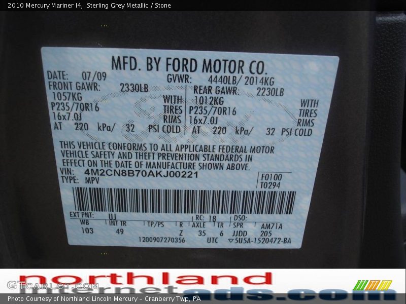 Sterling Grey Metallic / Stone 2010 Mercury Mariner I4