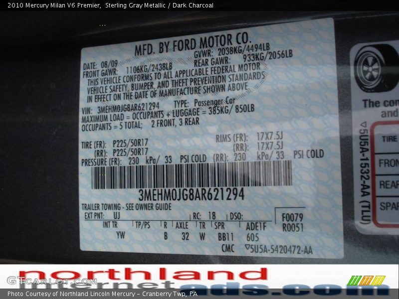 Sterling Gray Metallic / Dark Charcoal 2010 Mercury Milan V6 Premier