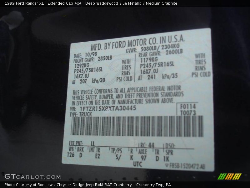 Deep Wedgewood Blue Metallic / Medium Graphite 1999 Ford Ranger XLT Extended Cab 4x4