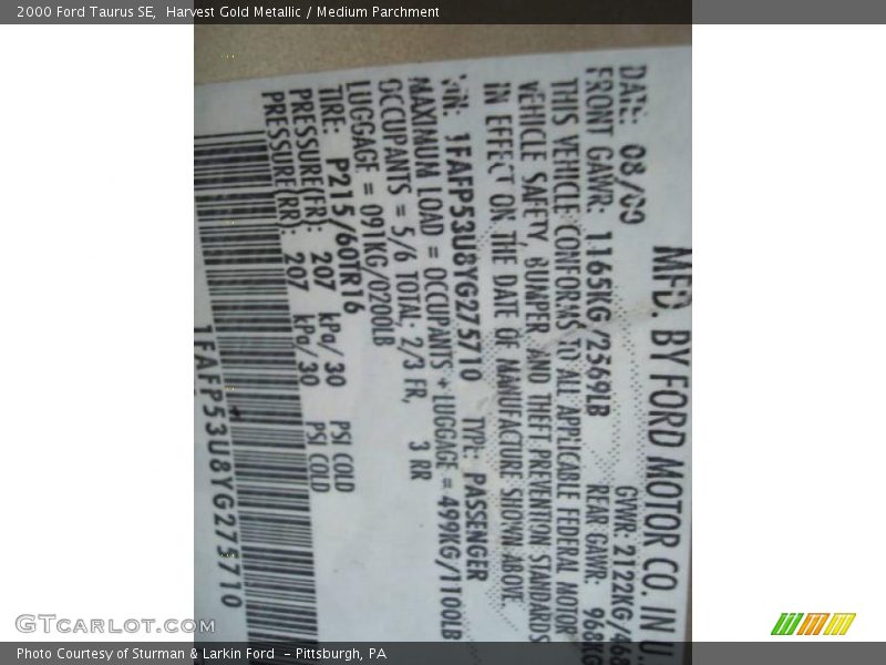 Harvest Gold Metallic / Medium Parchment 2000 Ford Taurus SE