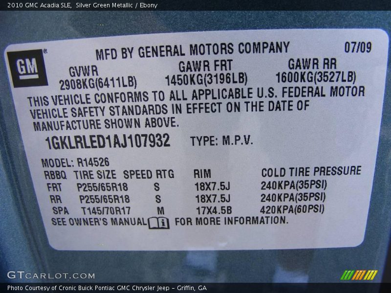 Silver Green Metallic / Ebony 2010 GMC Acadia SLE