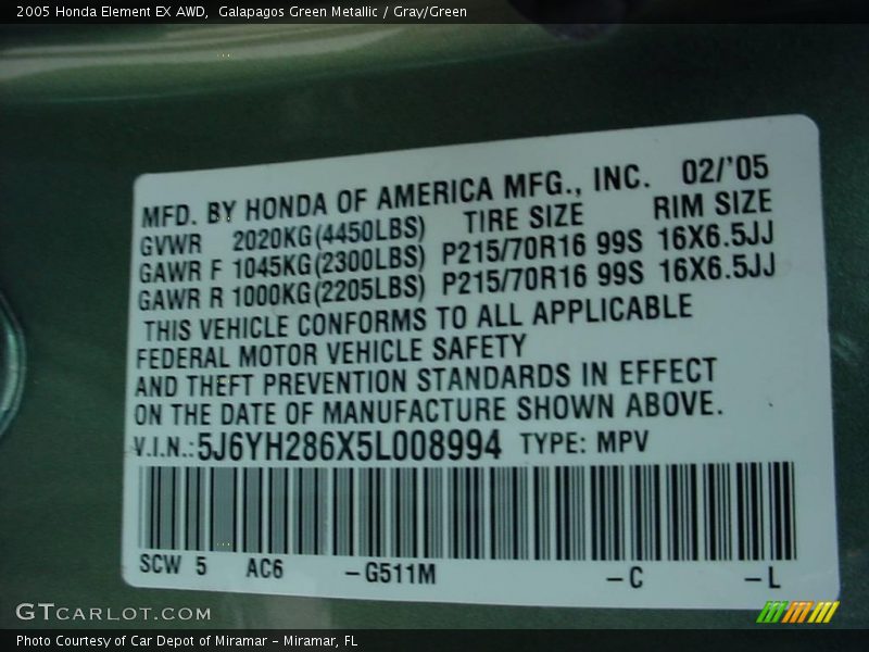 Galapagos Green Metallic / Gray/Green 2005 Honda Element EX AWD