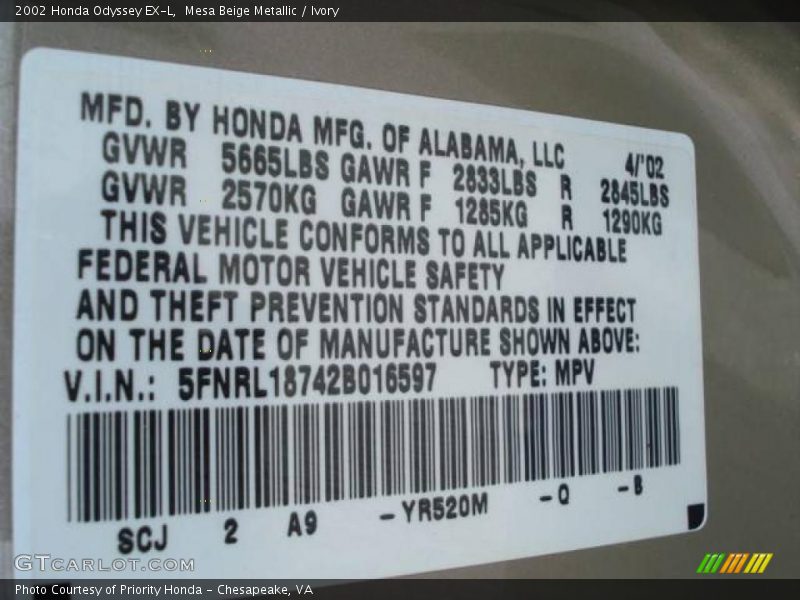 Mesa Beige Metallic / Ivory 2002 Honda Odyssey EX-L