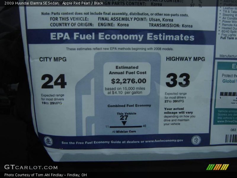 Apple Red Pearl / Black 2009 Hyundai Elantra SE Sedan