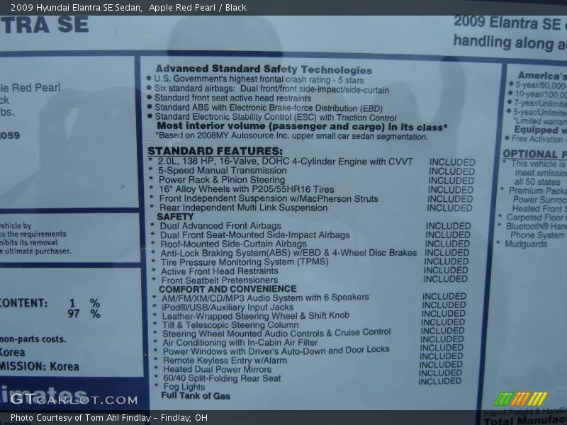 Apple Red Pearl / Black 2009 Hyundai Elantra SE Sedan