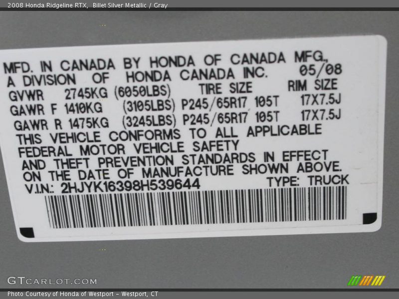 Billet Silver Metallic / Gray 2008 Honda Ridgeline RTX