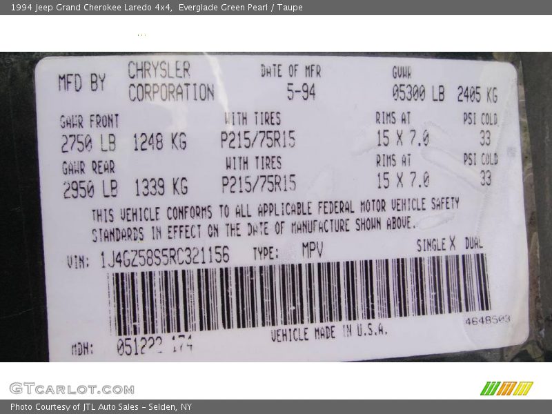 Everglade Green Pearl / Taupe 1994 Jeep Grand Cherokee Laredo 4x4