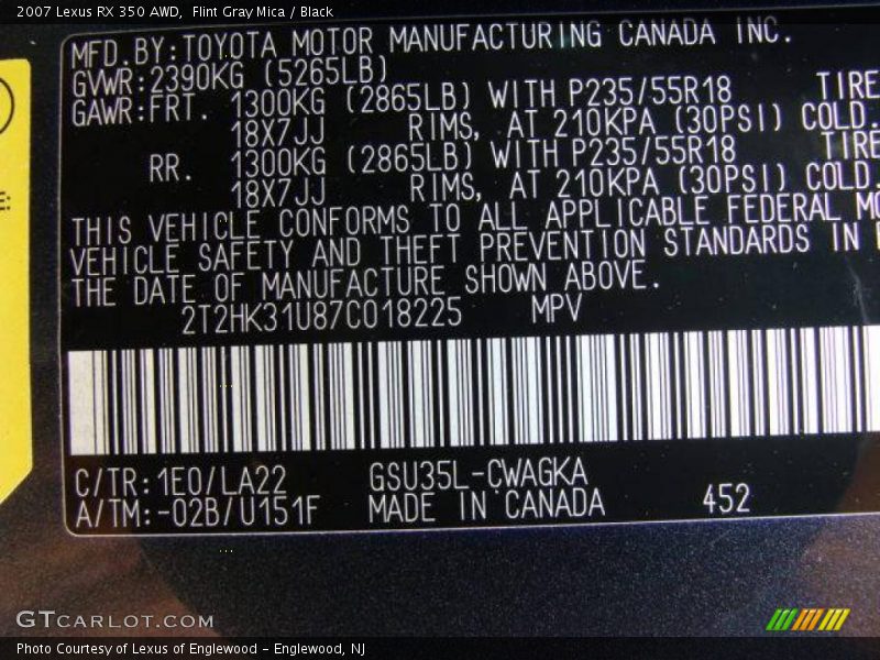 Flint Gray Mica / Black 2007 Lexus RX 350 AWD