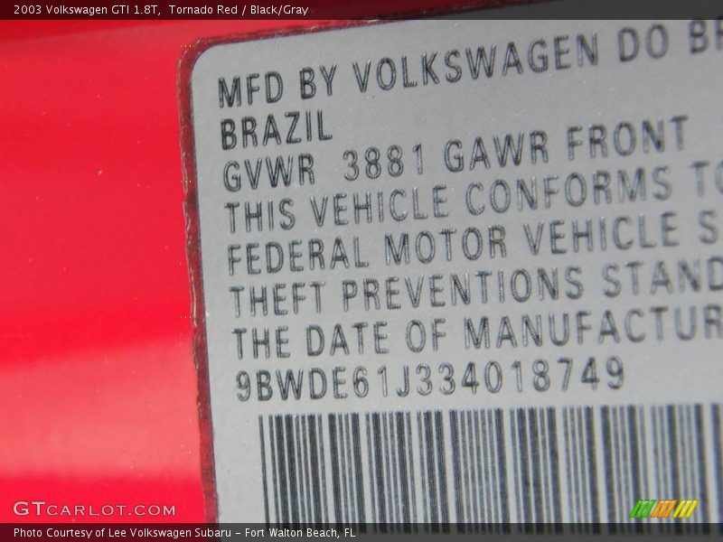 Tornado Red / Black/Gray 2003 Volkswagen GTI 1.8T
