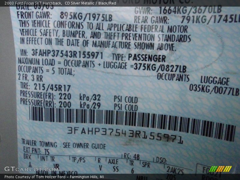 CD Silver Metallic / Black/Red 2003 Ford Focus SVT Hatchback