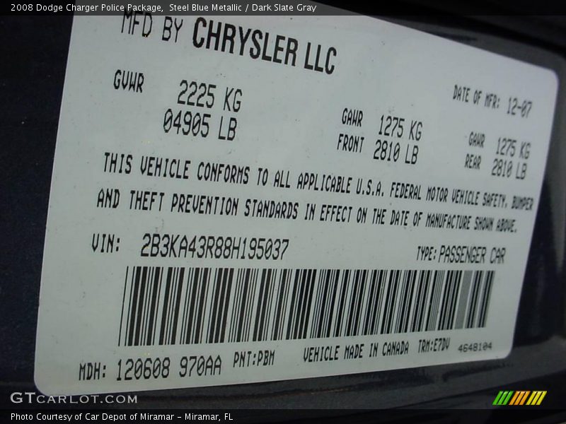 Steel Blue Metallic / Dark Slate Gray 2008 Dodge Charger Police Package