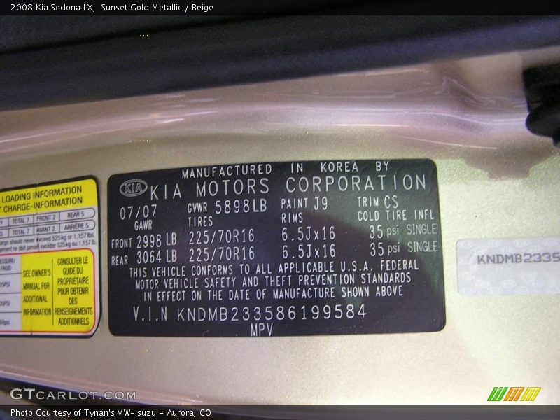 Sunset Gold Metallic / Beige 2008 Kia Sedona LX