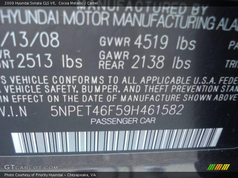 Cocoa Metallic / Camel 2009 Hyundai Sonata GLS V6