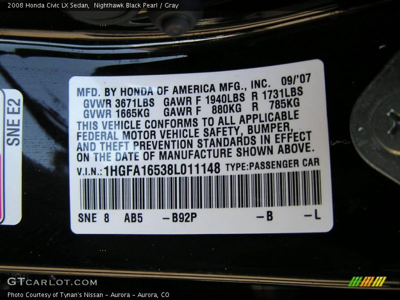 Nighthawk Black Pearl / Gray 2008 Honda Civic LX Sedan