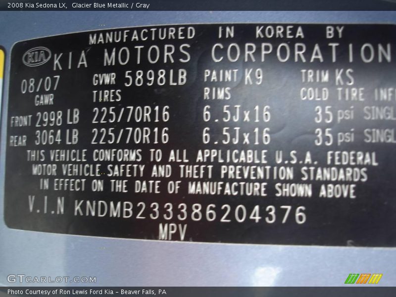 Glacier Blue Metallic / Gray 2008 Kia Sedona LX