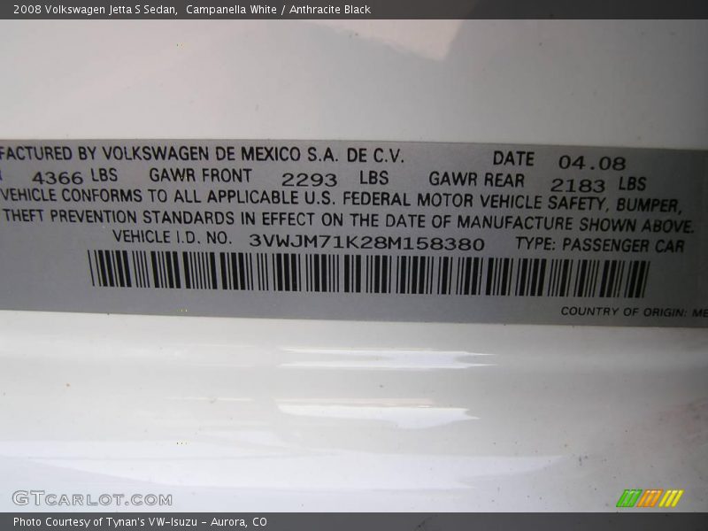 Campanella White / Anthracite Black 2008 Volkswagen Jetta S Sedan
