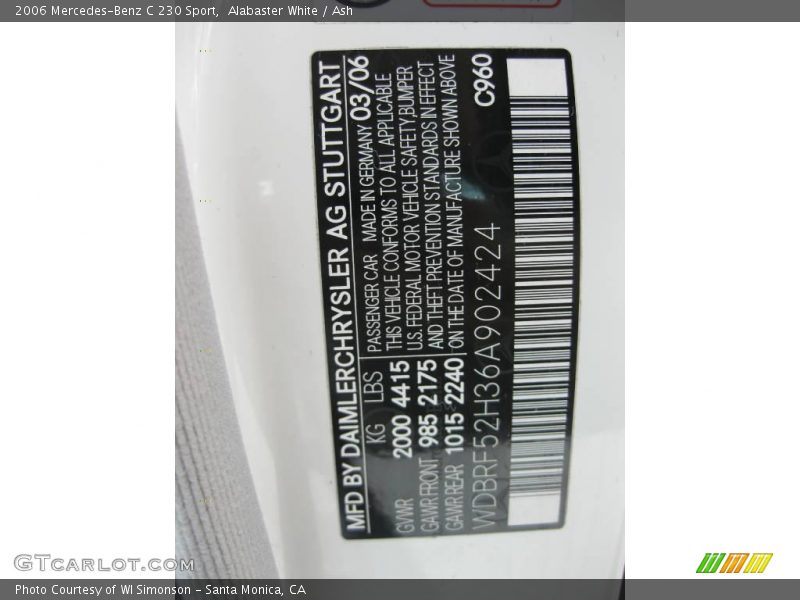 Alabaster White / Ash 2006 Mercedes-Benz C 230 Sport