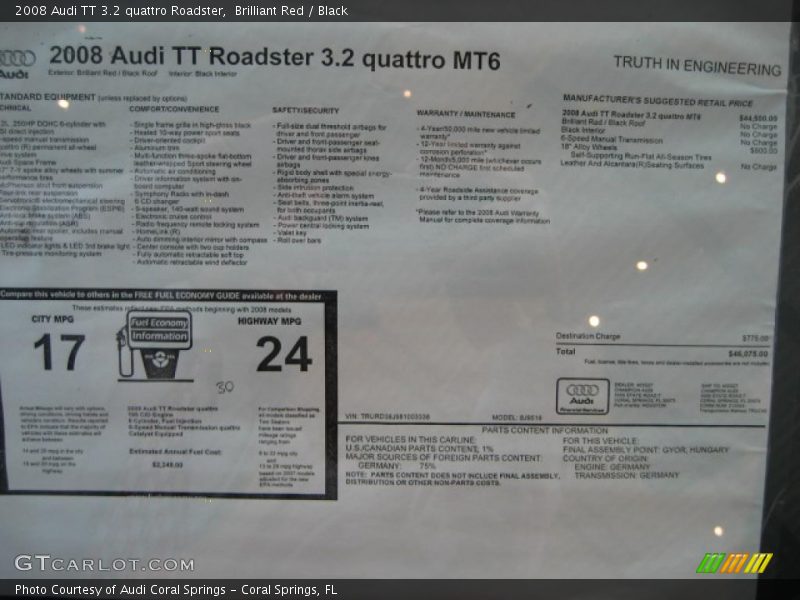 Brilliant Red / Black 2008 Audi TT 3.2 quattro Roadster