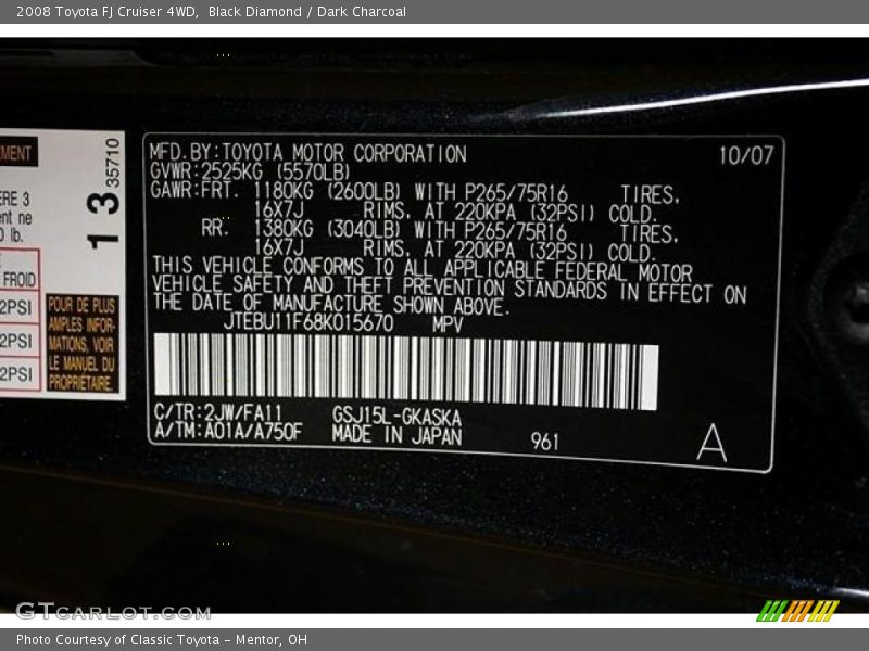 2008 FJ Cruiser 4WD Black Diamond Color Code 2JW