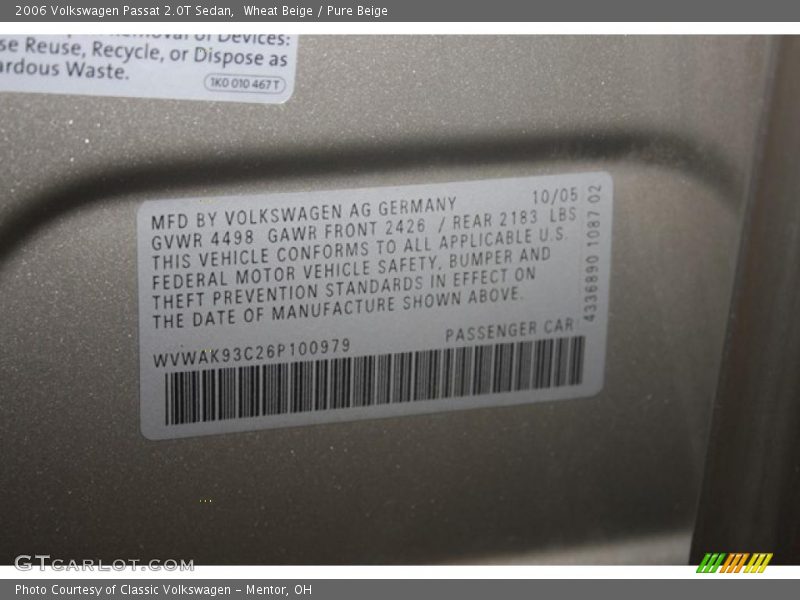 Wheat Beige / Pure Beige 2006 Volkswagen Passat 2.0T Sedan