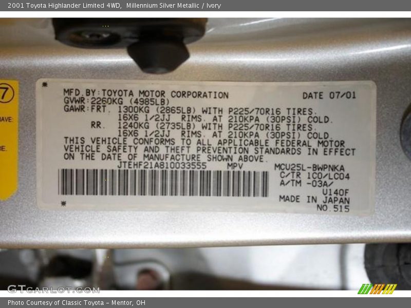 Millennium Silver Metallic / Ivory 2001 Toyota Highlander Limited 4WD