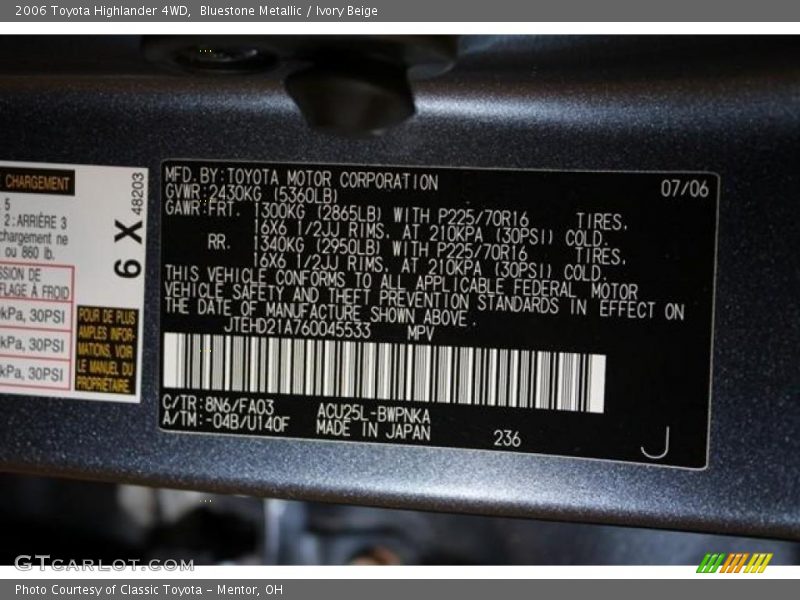 Bluestone Metallic / Ivory Beige 2006 Toyota Highlander 4WD