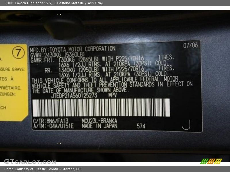 Bluestone Metallic / Ash Gray 2006 Toyota Highlander V6
