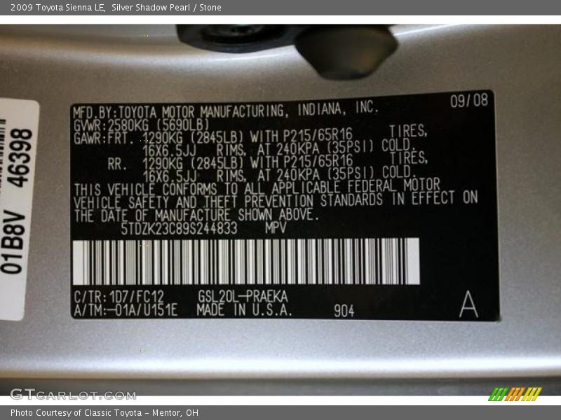 Silver Shadow Pearl / Stone 2009 Toyota Sienna LE