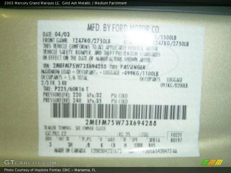 Gold Ash Metallic / Medium Parchment 2003 Mercury Grand Marquis LS