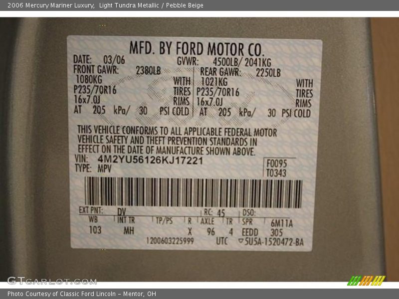 Light Tundra Metallic / Pebble Beige 2006 Mercury Mariner Luxury