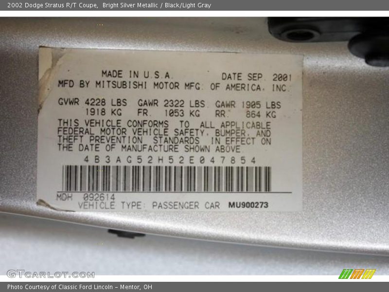 Bright Silver Metallic / Black/Light Gray 2002 Dodge Stratus R/T Coupe