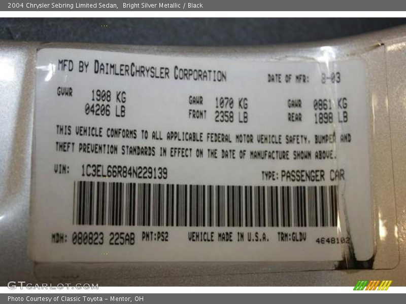 Bright Silver Metallic / Black 2004 Chrysler Sebring Limited Sedan