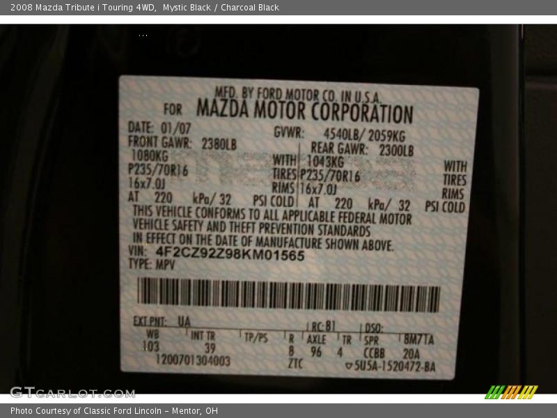 Mystic Black / Charcoal Black 2008 Mazda Tribute i Touring 4WD
