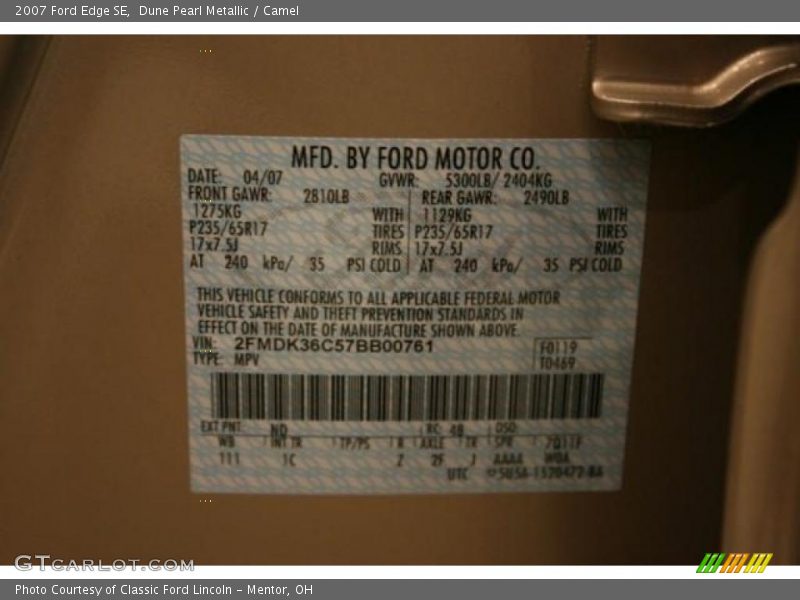 Dune Pearl Metallic / Camel 2007 Ford Edge SE