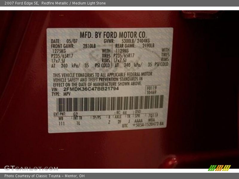 Redfire Metallic / Medium Light Stone 2007 Ford Edge SE