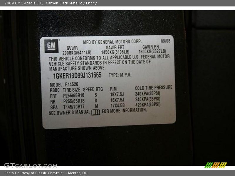 Carbon Black Metallic / Ebony 2009 GMC Acadia SLE