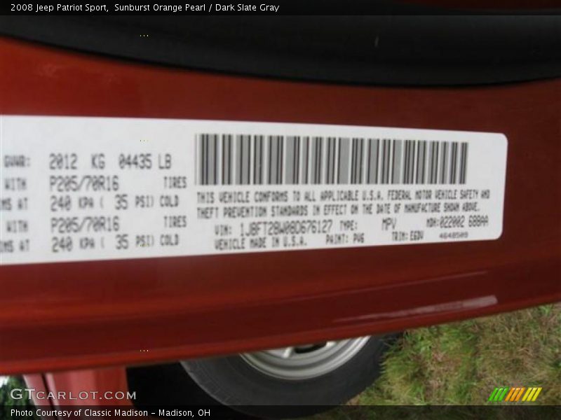 Sunburst Orange Pearl / Dark Slate Gray 2008 Jeep Patriot Sport