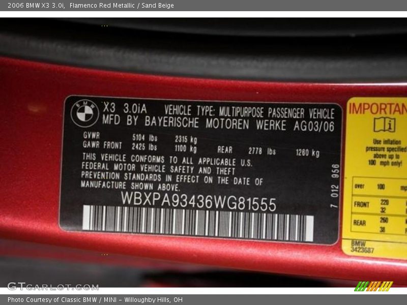 Flamenco Red Metallic / Sand Beige 2006 BMW X3 3.0i