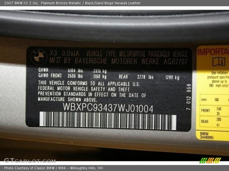 Platinum Bronze Metallic / Black/Sand Beige Nevada Leather 2007 BMW X3 3.0si