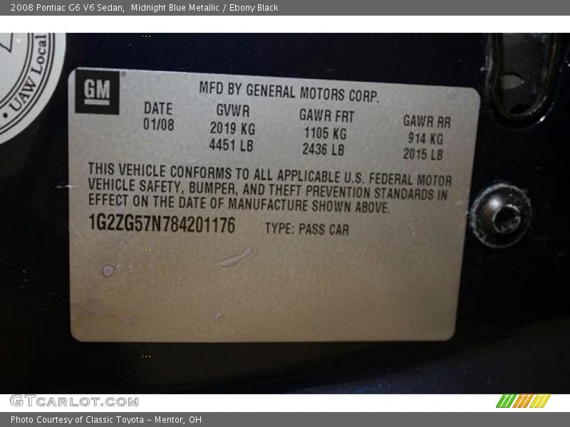 Midnight Blue Metallic / Ebony Black 2008 Pontiac G6 V6 Sedan